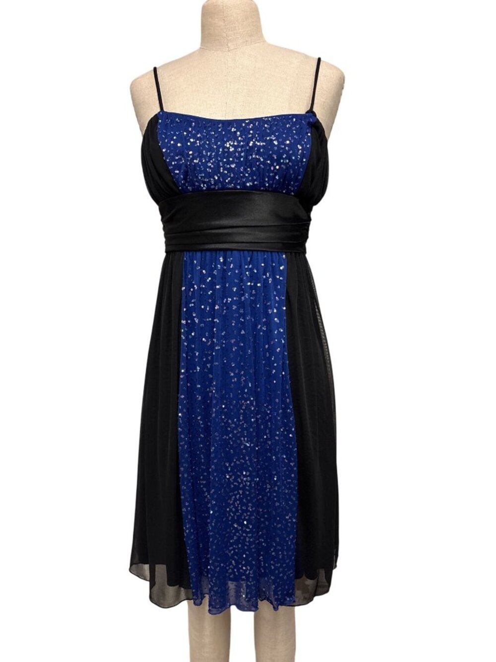 City Triangles Blue Black Sequin Midi Dress With Satin Tie Back Spaghetti Straps